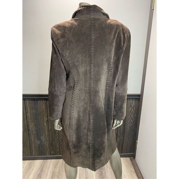 L, Nancy Bolen City Girl Boho suede knee length coat with whip stitch detail. - Picture 2 of 10